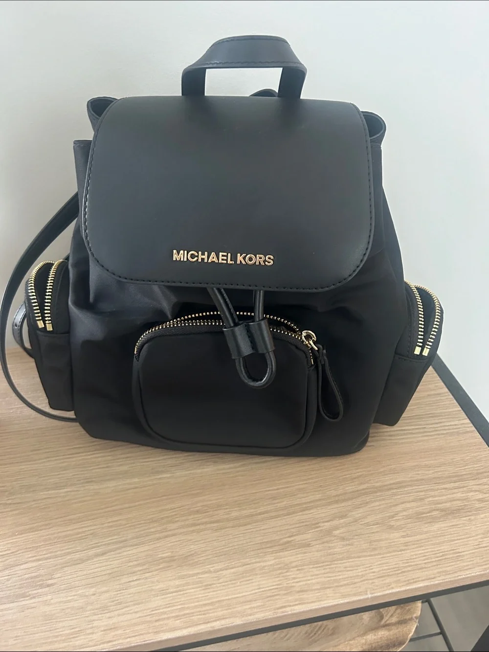 Michael Kors Black Nylon Drawstring Backpack with Gold Logo